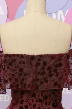 Off The Shoulder Burgundy Flower Lace Formal Dress