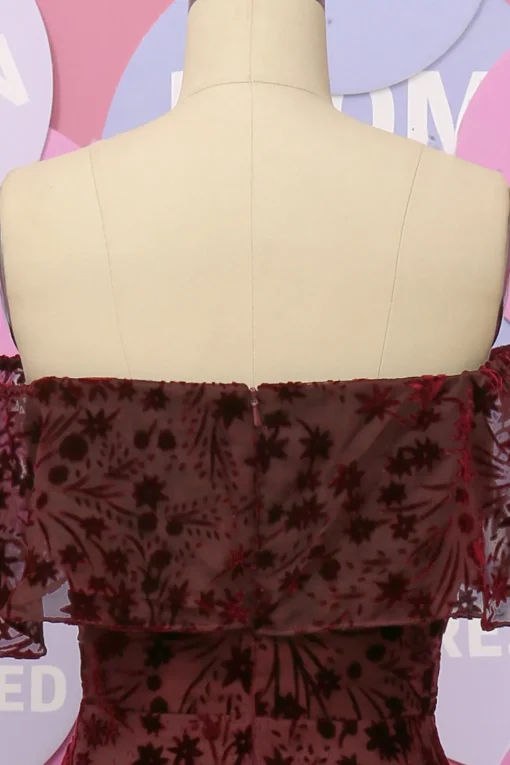 Off The Shoulder Burgundy Flower Lace Formal Dress