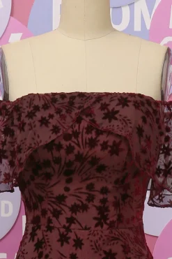 Off The Shoulder Burgundy Flower Lace Formal Dress