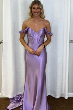 Off the Shoulder Corset Mermaid Lilac Long Prom Dress