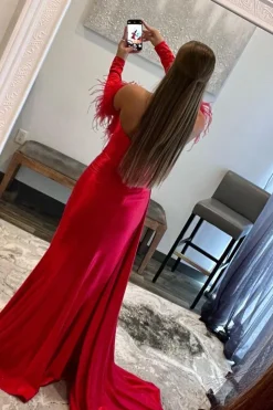 Off the Shoulder Fringes Satin Prom Dress with Slit