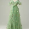 Off the Shoulder Green A Line Prom Dress with Embroidery
