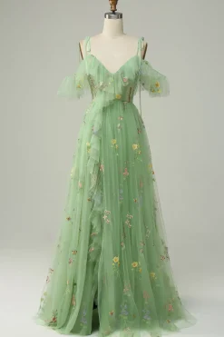 Off the Shoulder Green A Line Prom Dress with Embroidery