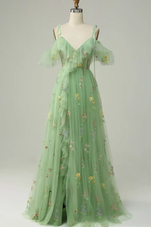 Off the Shoulder Green A Line Prom Dress with Embroidery