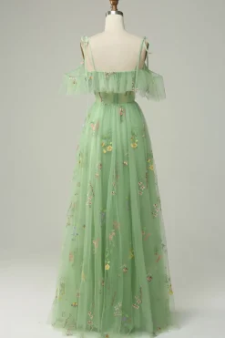 Off the Shoulder Green A Line Prom Dress with Embroidery