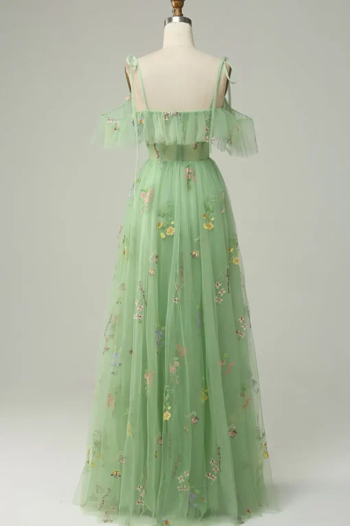 Off the Shoulder Green A Line Prom Dress with Embroidery
