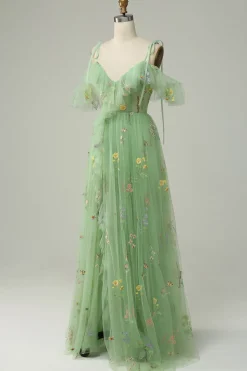 Off the Shoulder Green A Line Prom Dress with Embroidery