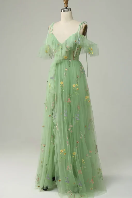 Off the Shoulder Green A Line Prom Dress with Embroidery