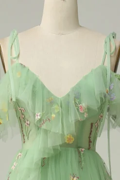 Off the Shoulder Green A Line Prom Dress with Embroidery
