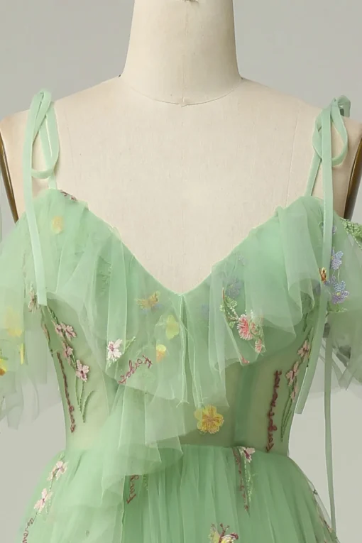 Off the Shoulder Green A Line Prom Dress with Embroidery