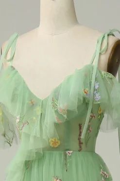 Off the Shoulder Green A Line Prom Dress with Embroidery