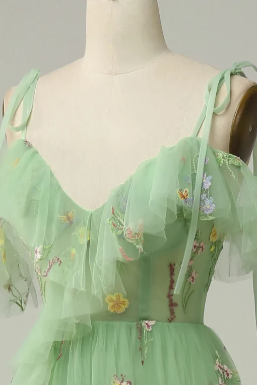 Off the Shoulder Green A Line Prom Dress with Embroidery