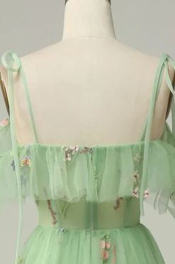 Off the Shoulder Green A Line Prom Dress with Embroidery
