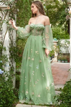 Off The Shoulder Green A-Line Prom Dress with Long Sleeves