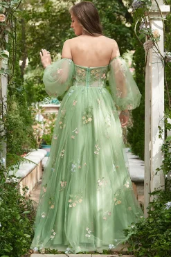 Off The Shoulder Green A-Line Prom Dress with Long Sleeves