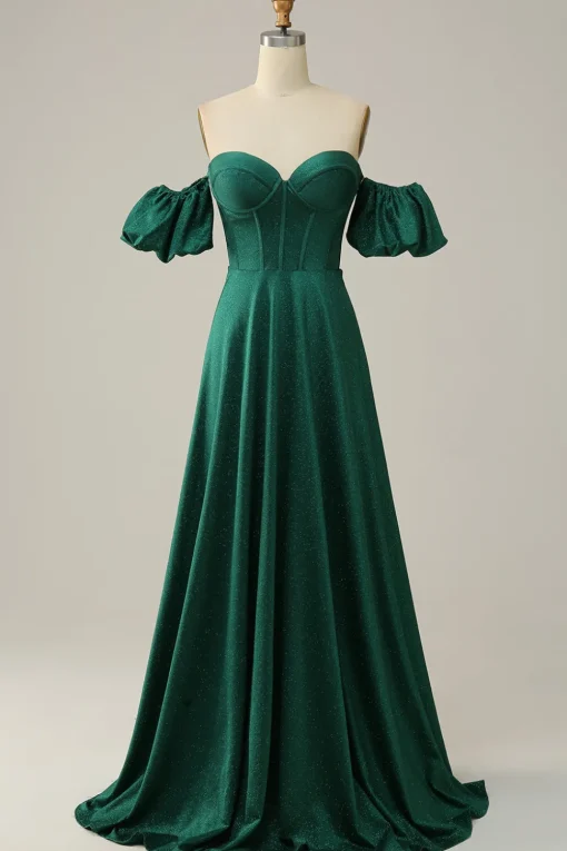 Off the Shoulder Green Sparkly Corset Prom Dress