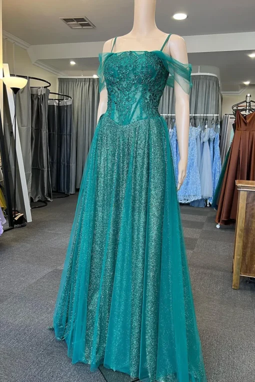 Off the Shoulder Green Sparkly Prom Dress with Beading