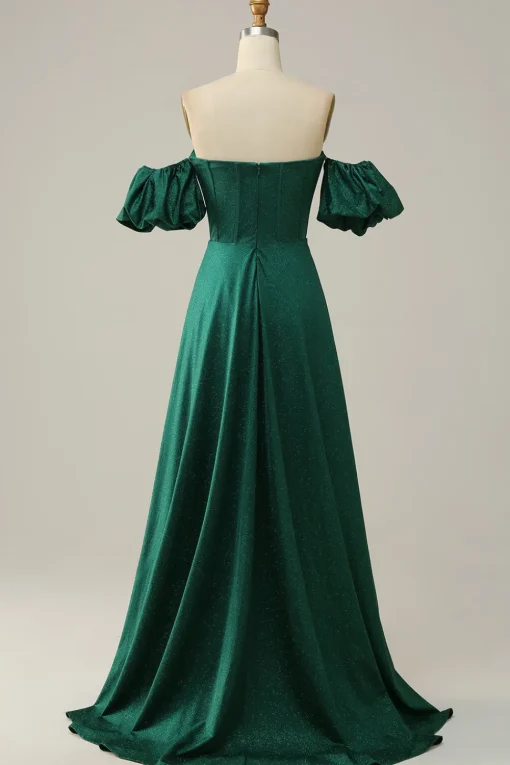 Off the Shoulder Green Sparkly Corset Prom Dress
