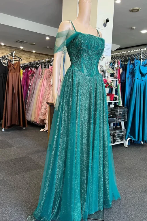 Off the Shoulder Green Sparkly Prom Dress with Beading