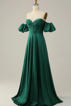 Off the Shoulder Green Sparkly Corset Prom Dress