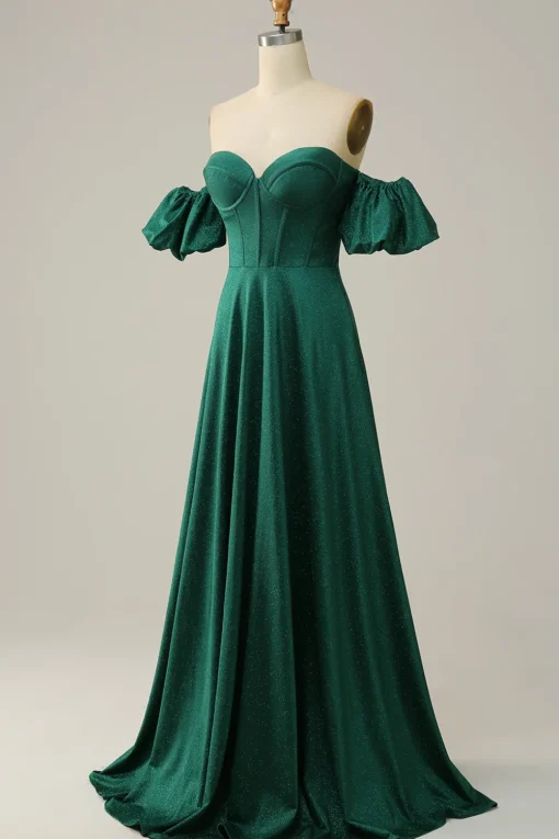 Off the Shoulder Green Sparkly Corset Prom Dress