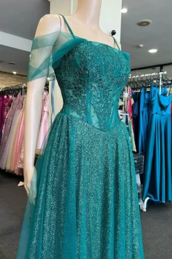 Off the Shoulder Green Sparkly Prom Dress with Beading