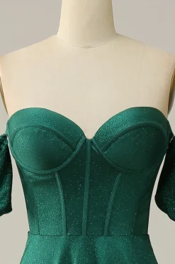 Off the Shoulder Green Sparkly Corset Prom Dress