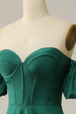 Off the Shoulder Green Sparkly Corset Prom Dress