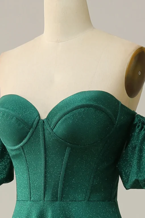 Off the Shoulder Green Sparkly Corset Prom Dress