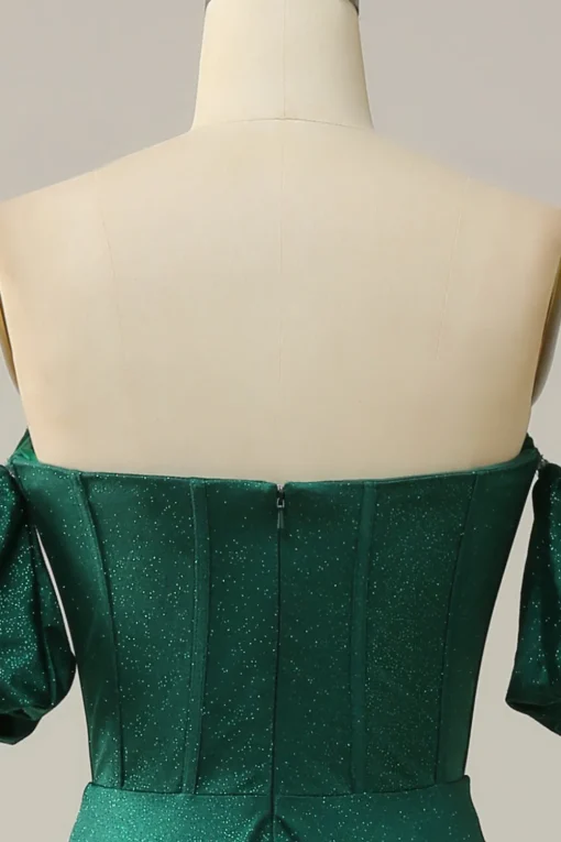Off the Shoulder Green Sparkly Corset Prom Dress