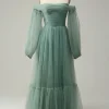 Off The Shoulder Grey Green A-Line Tull Prom Dress With Long Sleeves