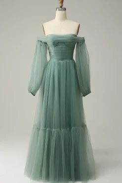 Off The Shoulder Grey Green A-Line Tull Prom Dress With Long Sleeves