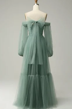 Off The Shoulder Grey Green A-Line Tull Prom Dress With Long Sleeves