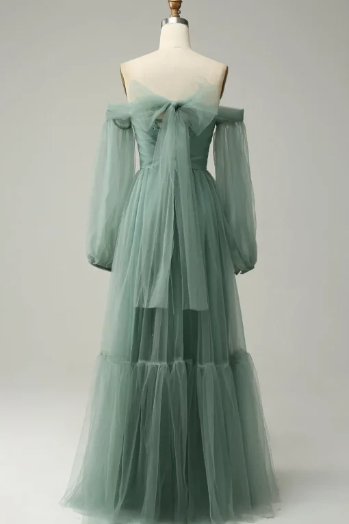 Off The Shoulder Grey Green A-Line Tull Prom Dress With Long Sleeves