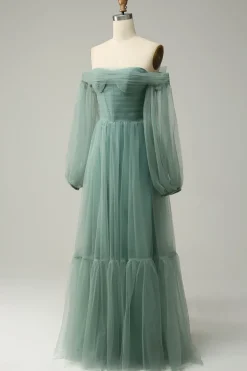 Off The Shoulder Grey Green A-Line Tull Prom Dress With Long Sleeves