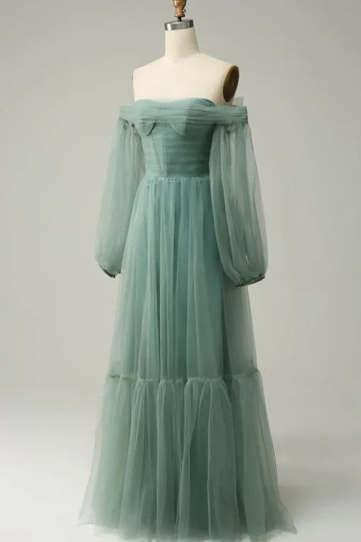 Off The Shoulder Grey Green A-Line Tull Prom Dress With Long Sleeves