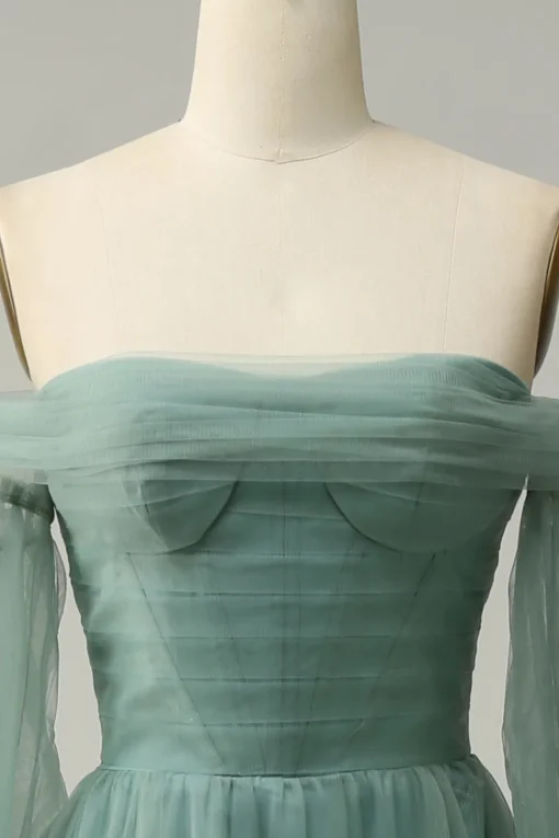 Off The Shoulder Grey Green A-Line Tull Prom Dress With Long Sleeves