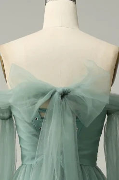 Off The Shoulder Grey Green A-Line Tull Prom Dress With Long Sleeves