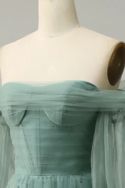 Off The Shoulder Grey Green A-Line Tull Prom Dress With Long Sleeves