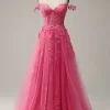 Off the Shoulder Hot Pink Prom Dress with Appliques
