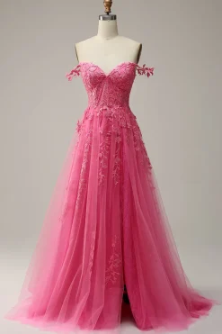 Off the Shoulder Hot Pink Prom Dress with Appliques