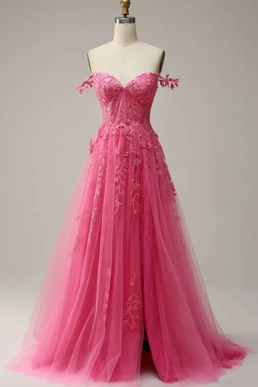 Off the Shoulder Hot Pink Prom Dress with Appliques