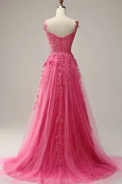 Off the Shoulder Hot Pink Prom Dress with Appliques