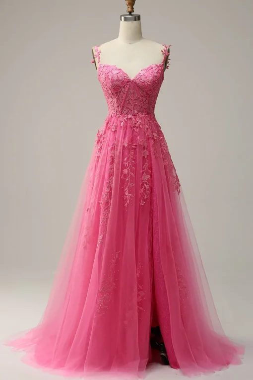 Off the Shoulder Hot Pink Prom Dress with Appliques