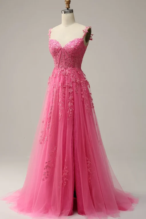 Off the Shoulder Hot Pink Prom Dress with Appliques