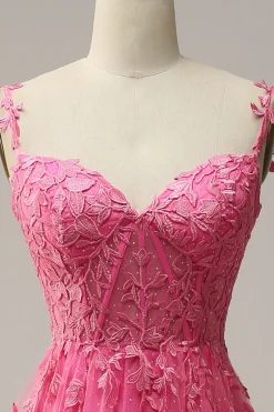 Off the Shoulder Hot Pink Prom Dress with Appliques