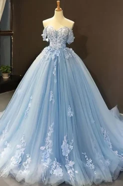 Off The Shoulder Light Blue Ball Gown Princess Prom Dress