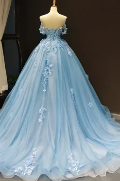 Off The Shoulder Light Blue Ball Gown Princess Prom Dress
