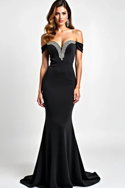 Off The Shoulder Long Mermaid Hollow Out Black Tie Dress