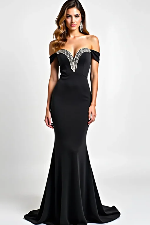Off The Shoulder Long Mermaid Hollow Out Black Tie Dress